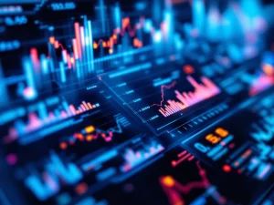 Lähikuva värikkäistä ja yksityiskohtaisista data-analytiikkakaavioista digitaalisilla näytöillä, kuvastaen innovaatiota ja reaaliaikaisuutta.
