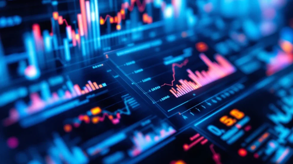 Lähikuva värikkäistä ja yksityiskohtaisista data-analytiikkakaavioista digitaalisilla näytöillä, kuvastaen innovaatiota ja reaaliaikaisuutta.