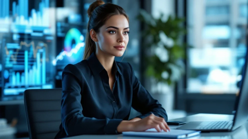 Nykyaikaisessa toimistossa liiketoimintanainen työskentelee tietokoneiden kanssa, kuvaa HSolutionsin raportointiosaamista.