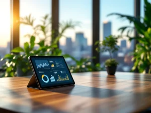 Moderni toimistotila, jossa on puupöytä, tabletti, kasveja ja suuret ikkunat. Taustalla näkyy skandinaavinen kaupunkimaisema.