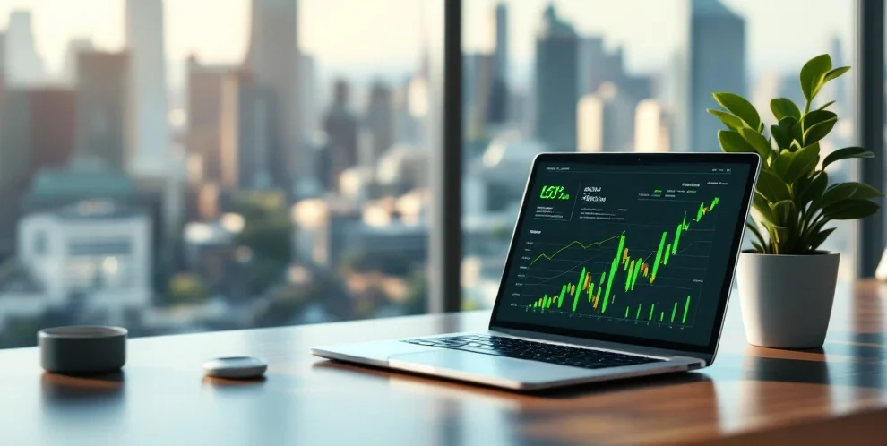 Moderni toimistotila: pöydällä kannettava tietokone, jossa talousgraafeja, vieressä kasvi; taustalla kaupunkinäkymä ja luonnonvalo.