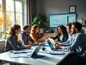 Monimuotoinen ryhmä työskentelee keskittyneesti HSolutionsin toimistossa, analysoiden taloustietoja lämpimässä luonnonvalossa.